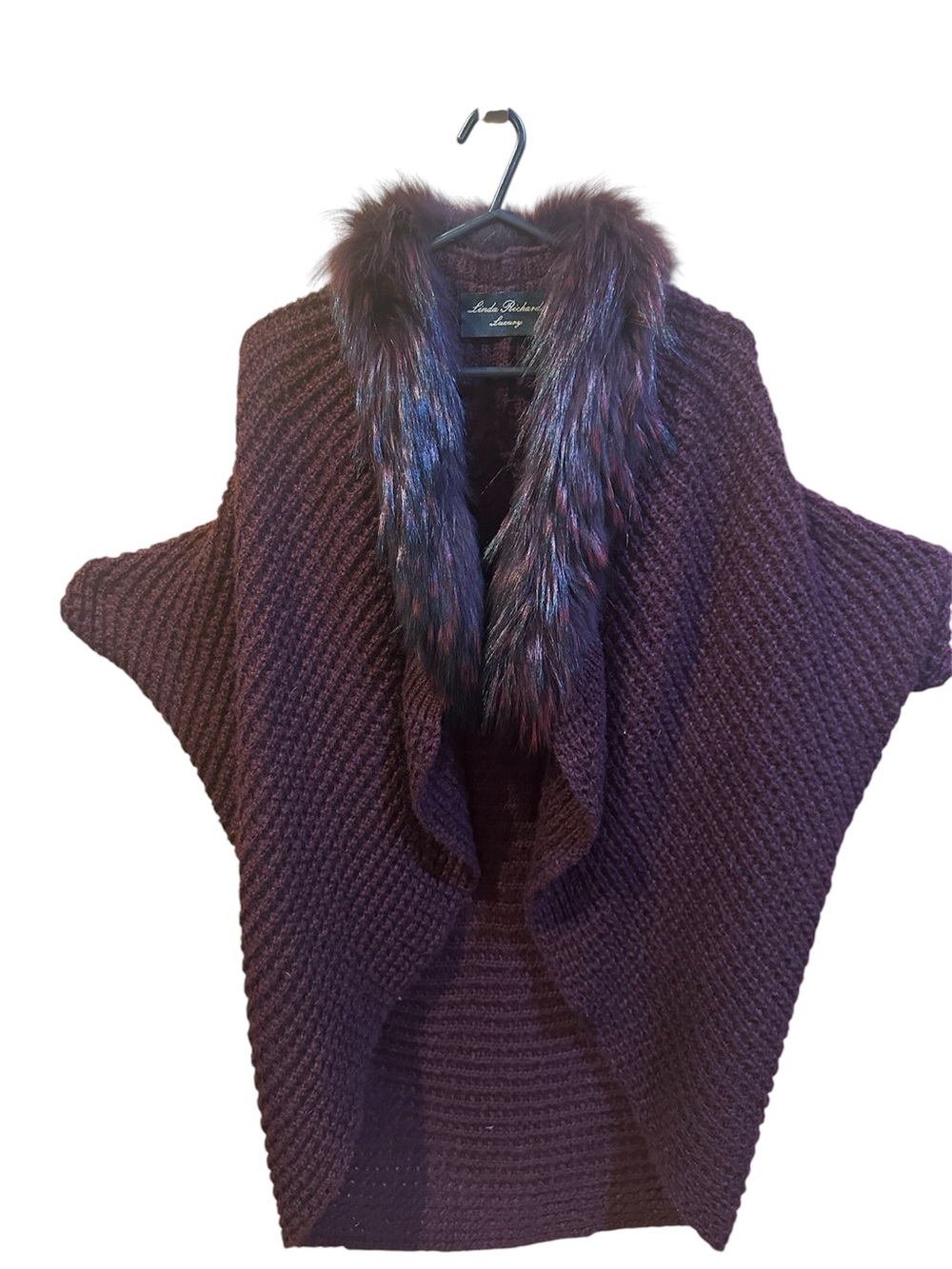 Genuine Fox  Fur-Trim Knit Poncho in Deep Burgundy